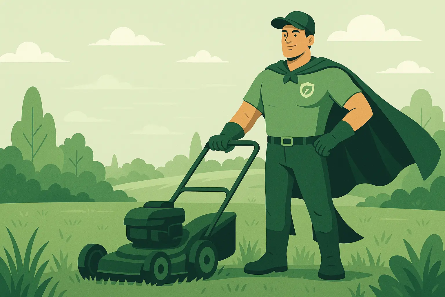 Lawn care professional mowing a green lawn